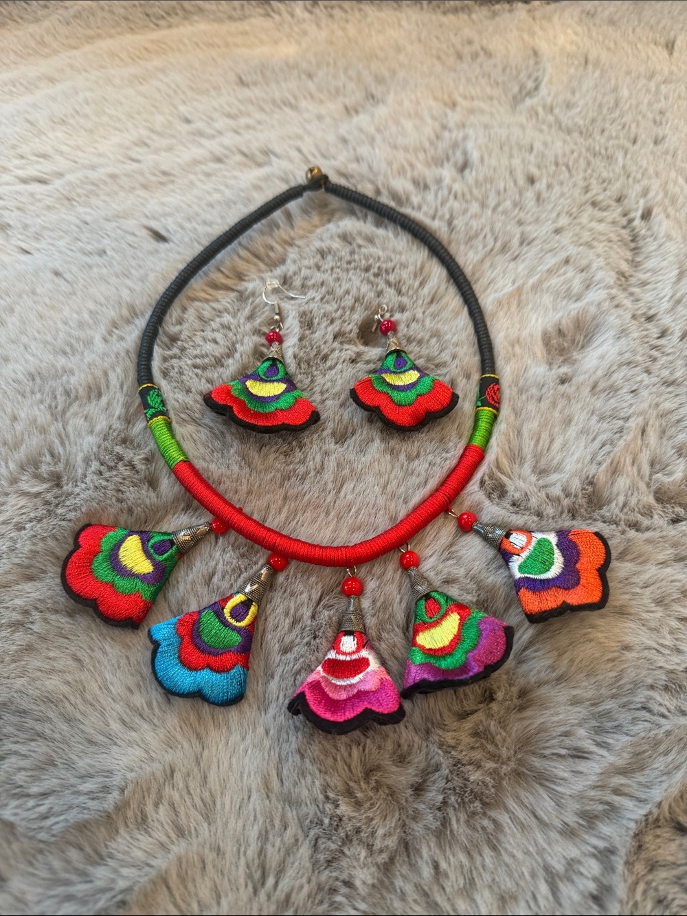 Handmade Hmong Embroidered Fabric Statement Torque Necklace Earrings Jewelry Set